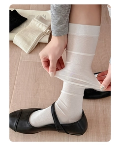 Elastic white sheer knee-high silk socks paired with black Mary Jane shoes on wood floor