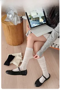 Close-up of white silk calf socks with agaric lace texture worn by a model indoors