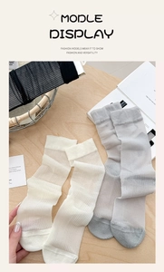 Detail of sheer mesh crew socks with vertical ribbed texture in white and light grey colors