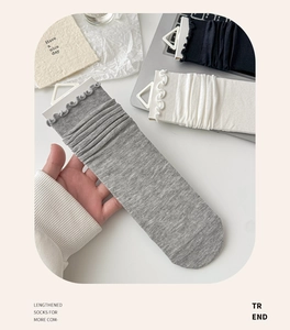 Detailed close-up of ruffle trim and soft knit texture on these solid color crew socks