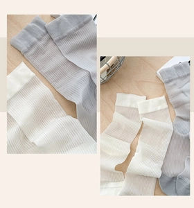 Detail of sheer mesh crew socks featuring vertical knit texture and breathable fabric