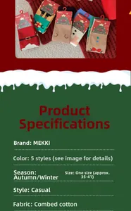 Detailed view of festive Christmas cotton socks with cute cartoon patterns and specifications
