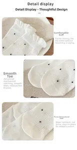 Detailed views of white polka dot socks featuring ruffle cuffs and reinforced toe seams