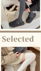 Detail of warm cable knit over-the-knee socks and cotton tights with cozy mule shoes