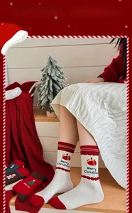 Detail of Christmas themed combed cotton socks with festive patterns and holiday embroidery