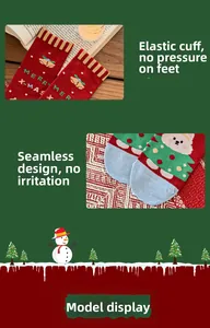 Detail of elastic cuffs and seamless toe on Christmas theme cotton socks with snowman pattern