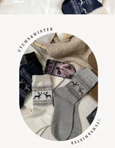 Close-up of Fair Isle reindeer and snowflake patterns on warm wool socks