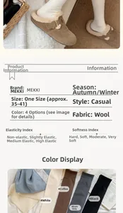 Detailed chart and layout of wool blend over-knee socks in white, coffee, grey, and black