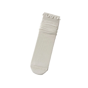 White silk knit crew socks with ruffled edges and slouchy texture on a clean background