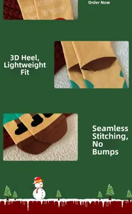 Detail of Christmas cotton socks showing elastic cuff, 3D heel, and smooth seamless toe