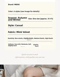 Detail view of mink velvet fabric and size parameters for warm striped crew socks