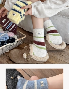 Thick fuzzy striped socks with cute cat patch and cozy plush mink velvet texture