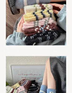 Detailed view of warm winter mink velvet socks featuring vintage stripes and cozy plush texture
