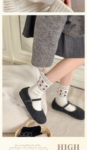 Detail of wool Fair Isle socks with red floral patterns and Mary Jane shoes