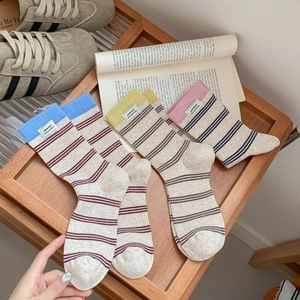 Cozy knit striped crew socks set with sweet! label decoration in lifestyle setting