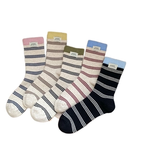 Set of 5 pairs of striped mid-calf cotton socks in pink, yellow, green, and blue colors