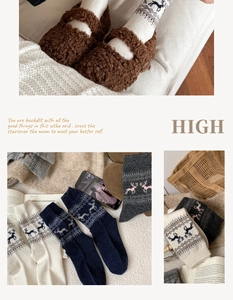 Detail of wool socks with reindeer snowflake patterns and cozy brown plush slippers