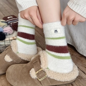 Women Winter Thick Warm Plush Striped Crew Socks Fuzzy Mink Velvet Home Floor Hosiery With Cute Cat Label