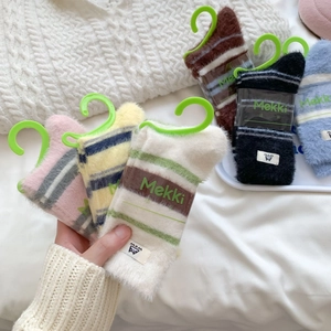 Thick warm winter mink fleece striped socks for women in six pastel color options