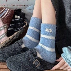 Winter thick mink velvet striped mid-calf socks for women featuring cute cat fabric label