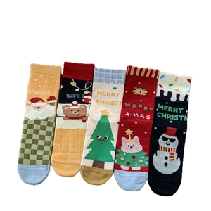 Pack of 5 women's cotton Christmas socks with festive cartoon Santa and reindeer patterns