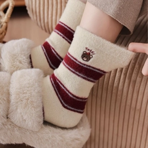 Winter thermal striped mid-calf socks with Teddy bear embroidery and cozy knit texture