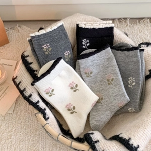 Soft cashmere floral embroidery crew socks with wavy cuffs in neutral color palette