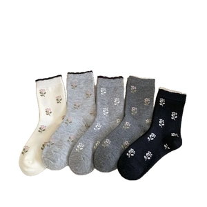 5-pack cashmere floral crew socks for women with ruffle trim in assorted neutral colors