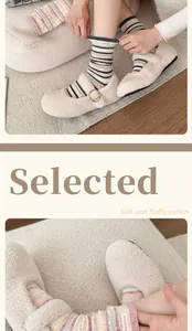 Close-up of cozy striped wool socks paired with plush slippers for autumn and winter