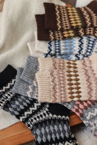 Macro shot of thick Nordic Fair Isle wool socks with vintage geometric knitted patterns