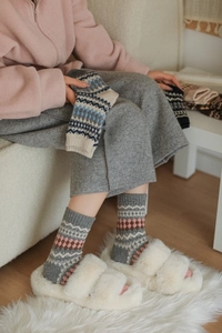 Detail of Nordic Fair Isle wool socks featuring thick geometric knit and ribbed cuffs