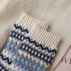 Detailed macro view of retro Fair Isle argyle knit pattern and ribbed wool sock cuff