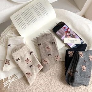 Cozy Japanese style cashmere mid-tube socks with cute bear and bow embroidery for women