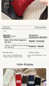 Detail view of colorful wool socks display and specific product attribute chart