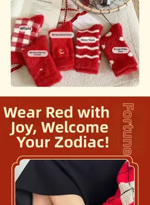 Détails de cinq paires de chaussettes d'hiver rouges en peluche aux motifs variés