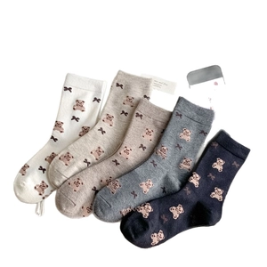 Five-pack of winter thermal crew socks with cute bear patterns in five assorted earthy tones