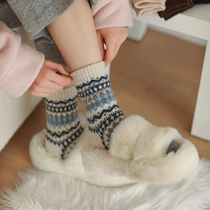 Nordic Fair Isle geometric wool socks in cream white with vintage ethnic patterns