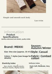 Detailed parameter display of floral wool socks featuring lace trim and combed cotton texture