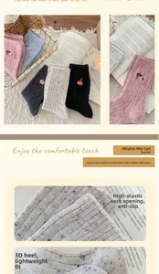 Detail showing high-elastic ribbed cuff and cute cartoon embroidery on thick wool socks