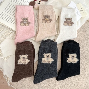 Cozy wool crew socks with 3D plush bear patches in six autumn colors on soft fleece