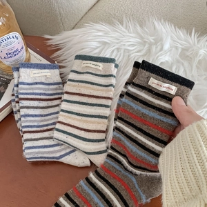 Thick striped wool blend crew socks for winter in grey, beige and vintage brown
