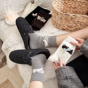 Thick wool socks with cute bear embroidery and bow detail for women in winter