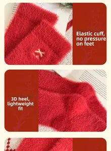 Détails de chaussettes d'hiver rouges en peluche avec poignets élastiques et broderies