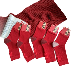 Five pairs of red Year of the Horse cotton socks with festive embroidery on white background