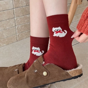 Elastic deep red wool socks with cute cat embroidery and ribbed cuffs for women