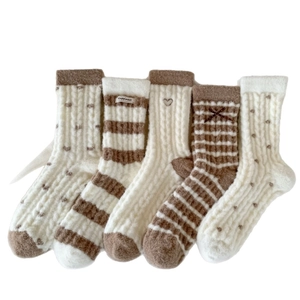 Lot de 5 paires de chaussettes thermiques rayées et à pois en beige et marron