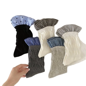 Women's cotton crew socks with frilly ruffles and vintage striped pattern in 5 colors