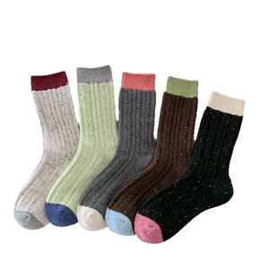 Five-pack of thick marled wool socks in various retro color-block designs for winter warmth