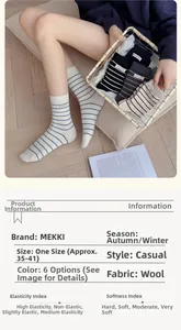 Detailed chart showing wool blend striped mid-calf socks in six different colors and specs
