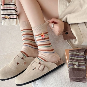 Chaussettes rayées en coton avec broderies Chips et Toast au style coréen tendance
